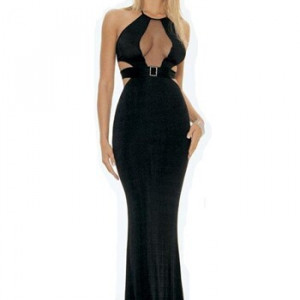 Lace Hole Halter Long Gown - Black