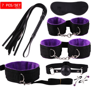 Intimate 7-In-1 S&M & Bondage Sexy Toy Kit Handcuff/Ankle Cuff + Plug Ball + Whip + Clip + Collar + Patch Set for Couple