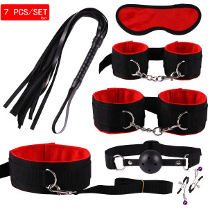 Intimate 7-In-1 S&M & Bondage Sexy Toy Kit Handcuff/Ankle Cuff + Plug Ball + Whip + Clip + Collar + Patch Set for Couple