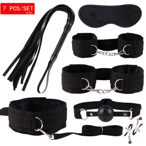 Intimate 7-In-1 S&M & Bondage Sexy Toy Kit Handcuff/Ankle Cuff + Plug Ball + Whip + Clip + Collar + Patch Set for Couple